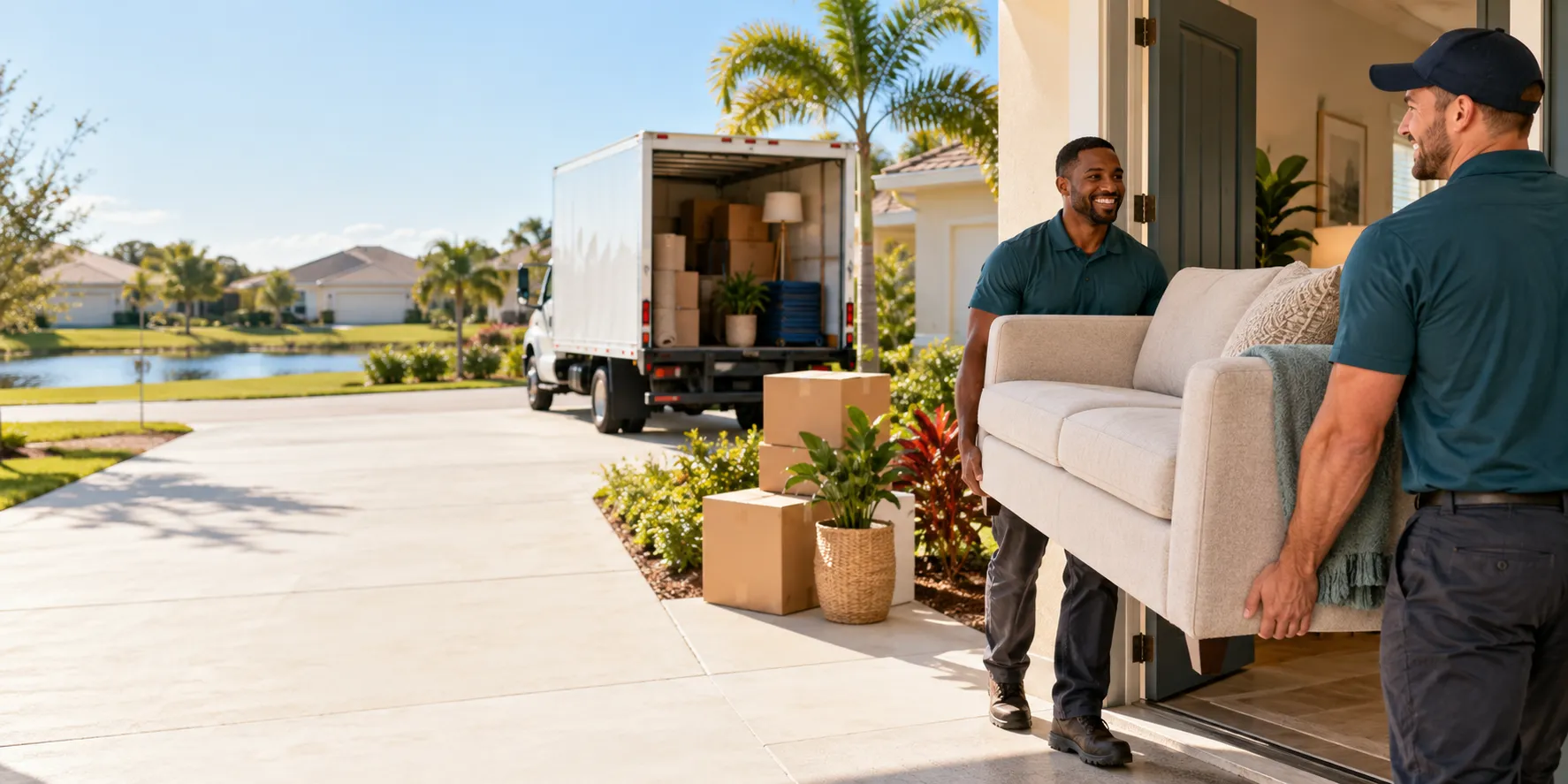 Cleanout crew moving furniture from a Florida home
